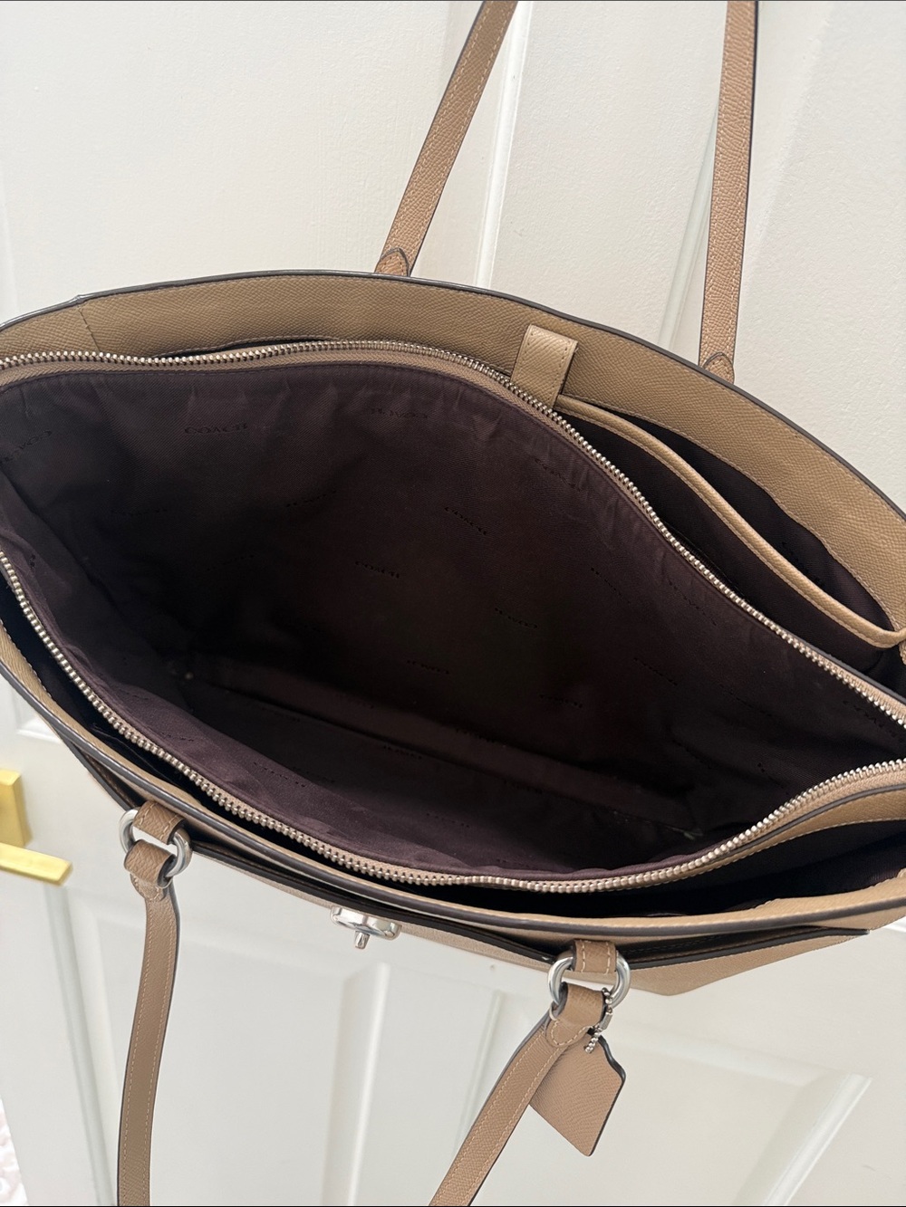 Coach Taupe Leather Tote with Turn-Lock Accent - Picture 5 of 11